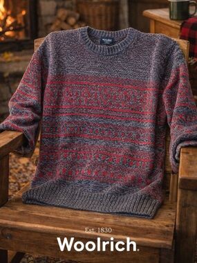 Woolrich Fair Isle Nordic Sweater Mens L Red Gray Cotton Blend Crewneck Winter